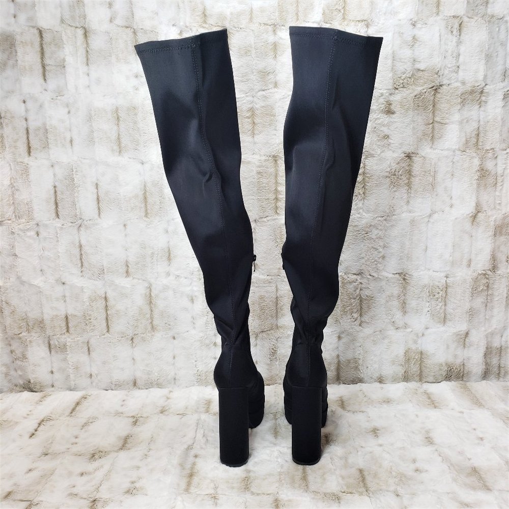 ☆ Stacked Black Stretch Leatherette Thigh High Chunky Heel Double Platform Boots - Picture 9 of 10